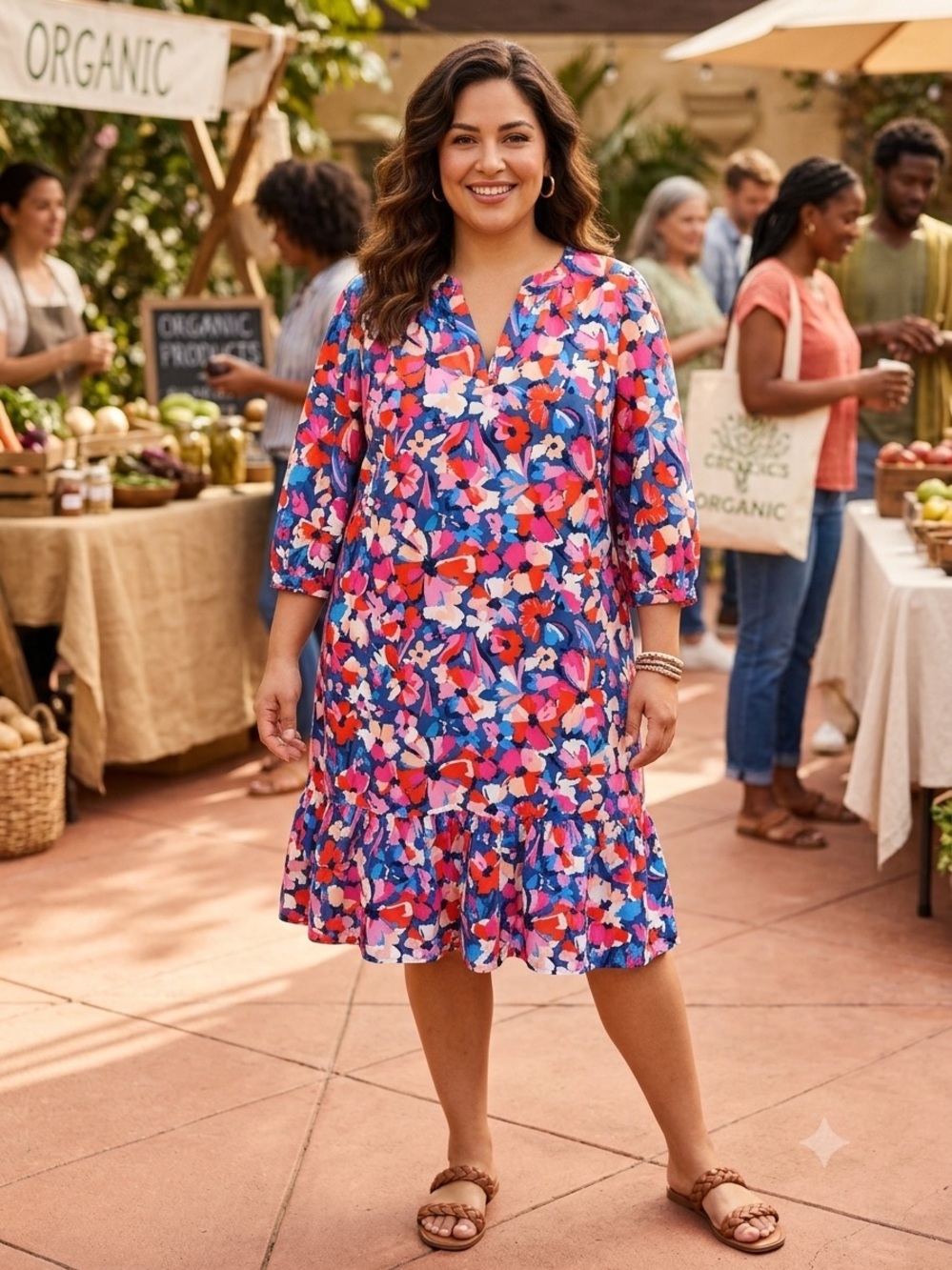 Sonoma Floral Midi Dress in Blue, Pink & Red
